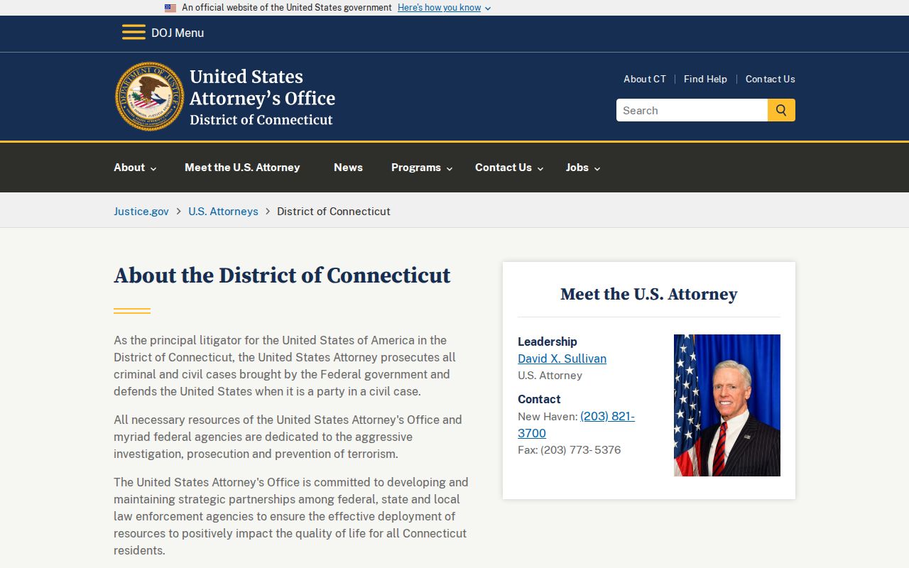 U.S. Attorney District of Connecticut page for federal charge records context