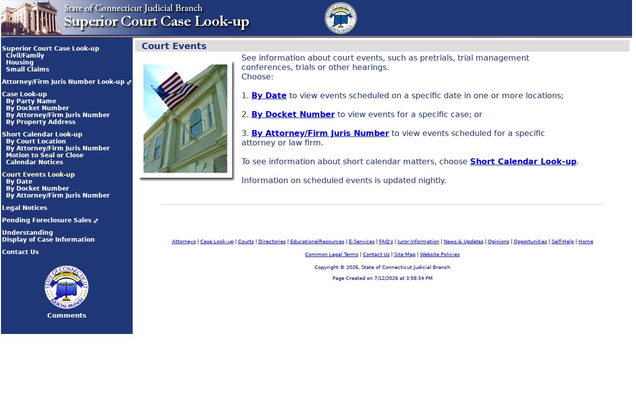 Connecticut Superior Court civil court events lookup menu for Fairfield County docket searches