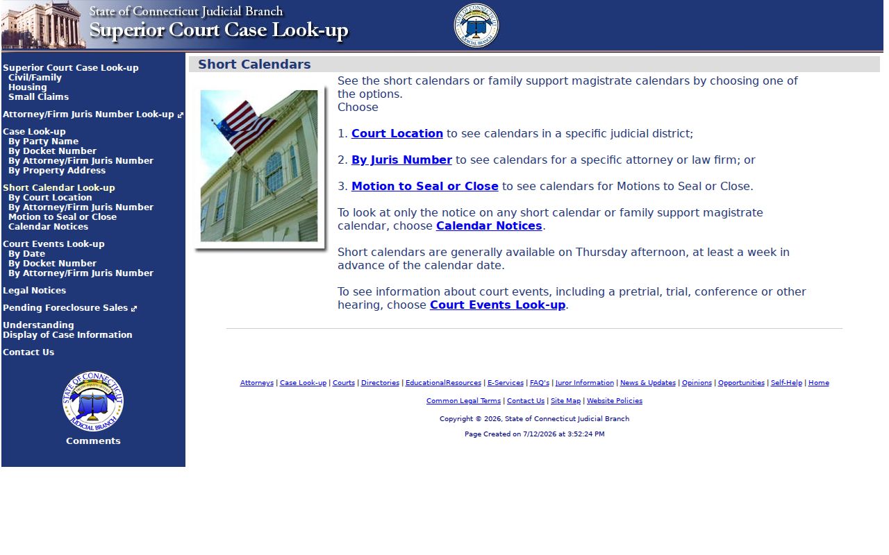 Connecticut civil short calendar lookup page used for Fairfield County Superior Court docket research