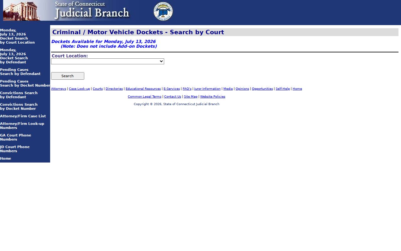 Connecticut criminal and motor vehicle daily docket by court search page