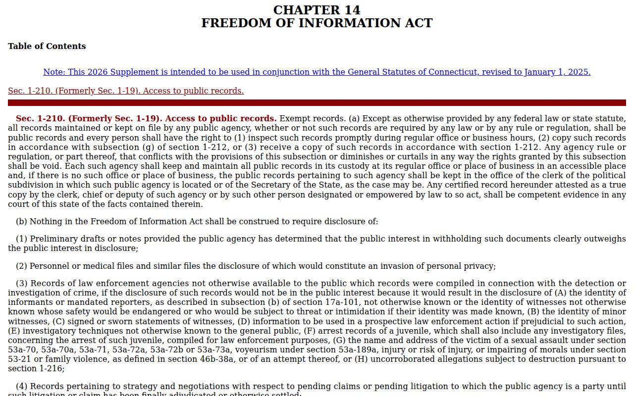 Connecticut public records statutes page used for Fairfield County court record access research