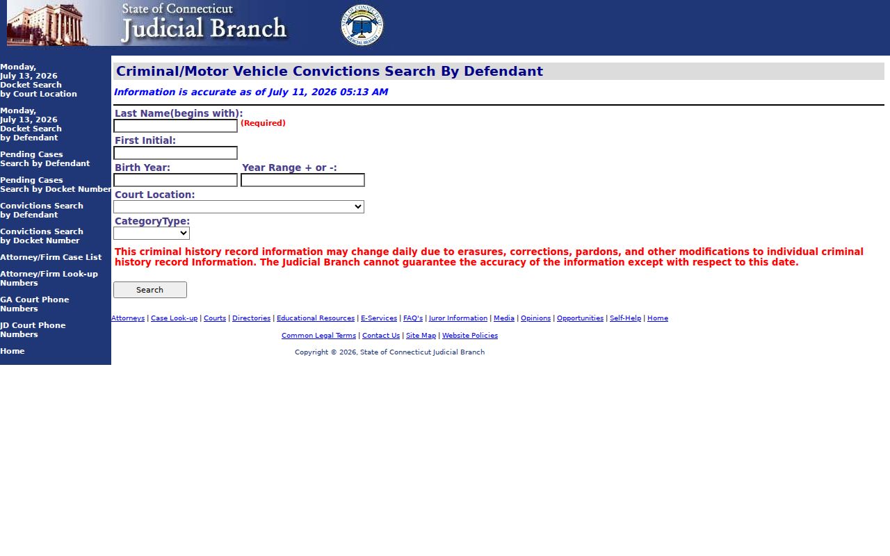 Connecticut criminal conviction defendant search page