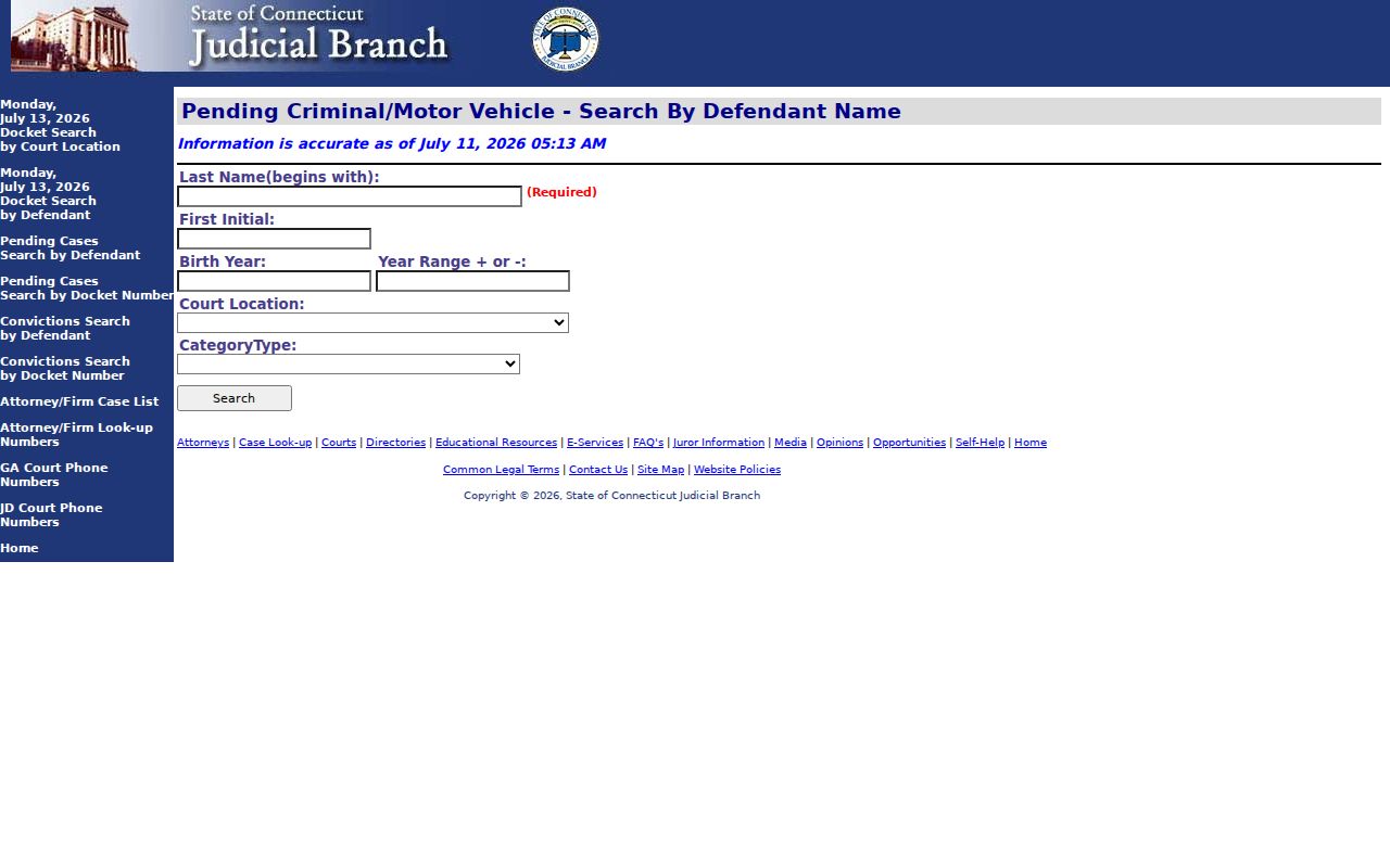 Connecticut pending criminal and motor vehicle defendant search page