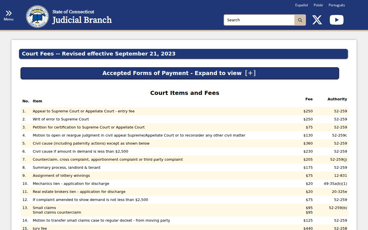 Fairfield County marriage and divorce records Superior Court fee schedule