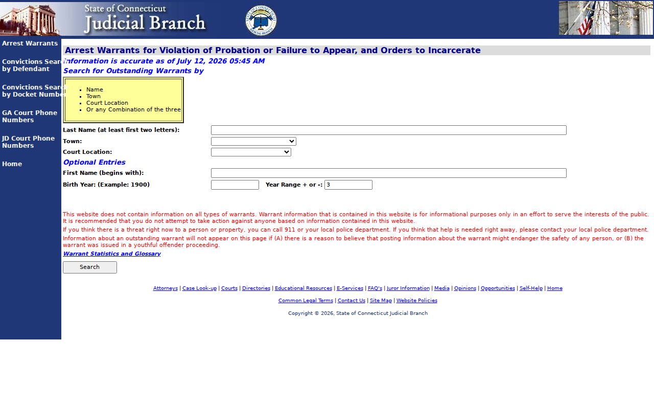 Fairfield County warrant records Judicial Branch arrest warrant lookup